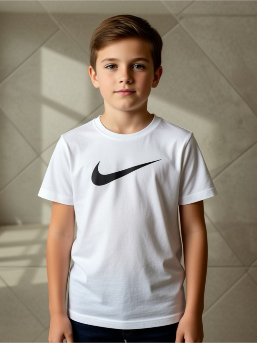 Nike White Short Sleeve Tee with Black Swoosh Dri Fit